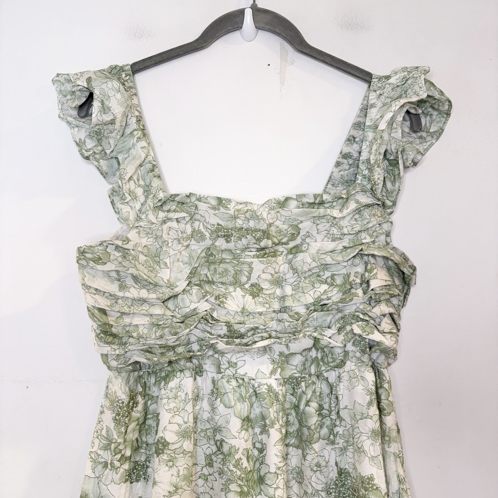Blu Pepper Green Floral Smocked Ruffle Strap Square Neck Midi Dress Cottage L - Picture 3 of 7